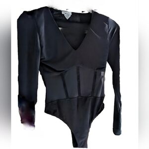 Rue21 V neck Corset Waist Panel Black Long Sleeve Bodysuit Size S